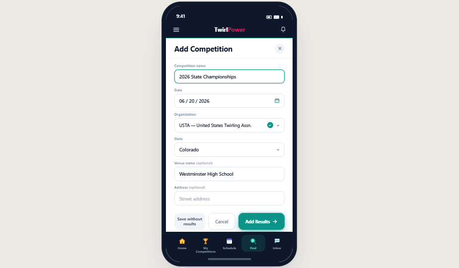 Manually add a competition using the Add Competition form