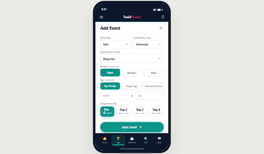 Add events to a competition using the Add Event modal
