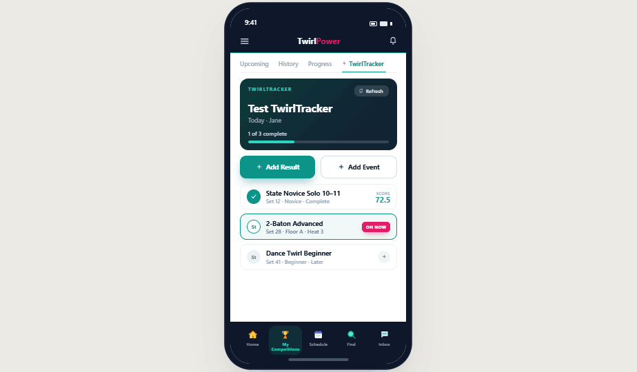 TwirlTracker live results screen on competition day