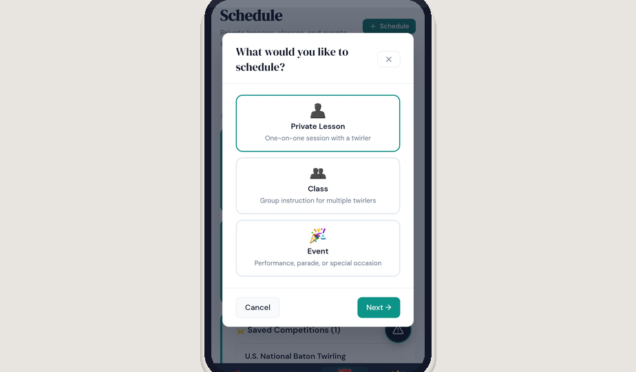 TwirlPower schedule modal showing Private Lesson, Class, and Event options