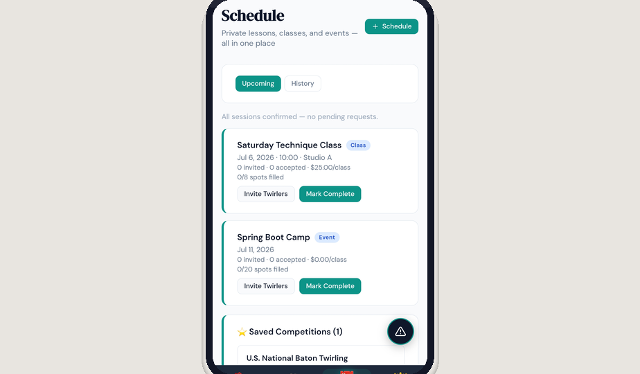 TwirlPower schedule page showing a Saturday Technique Class card and Spring Boot Camp event with capacity and billing details