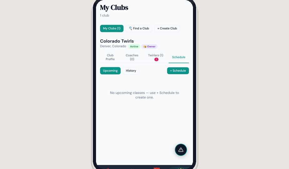 TwirlPower club Schedule tab showing Upcoming and History filters with the + Schedule button